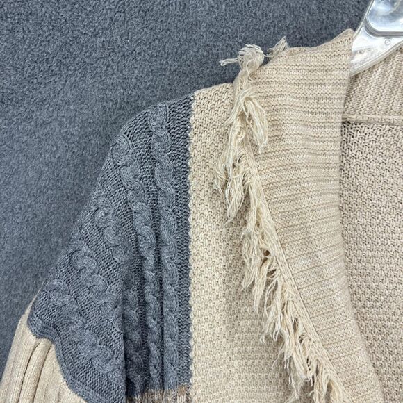 Shawl Collar Cardigan Sweater Womens M/L Beige Gray Patchwork Fringe Boho Knit - Picture 4 of 16